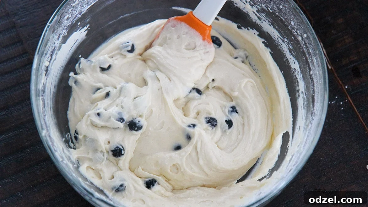 Close-up of a bowl filled with a creamy cake batter, folded with fresh blue blueberries, with a spatula resting on the side, ready for baking.