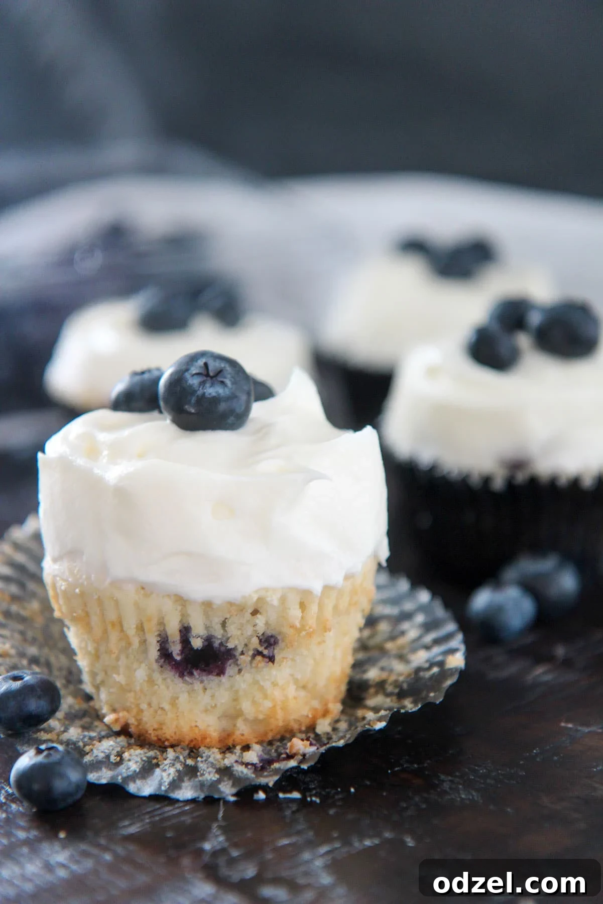 Blueberry Cloud Cupcakes 2 Close-up of a perfectly frosted blueberry cupcake with cream cheese frosting and a fresh blueberry garnish