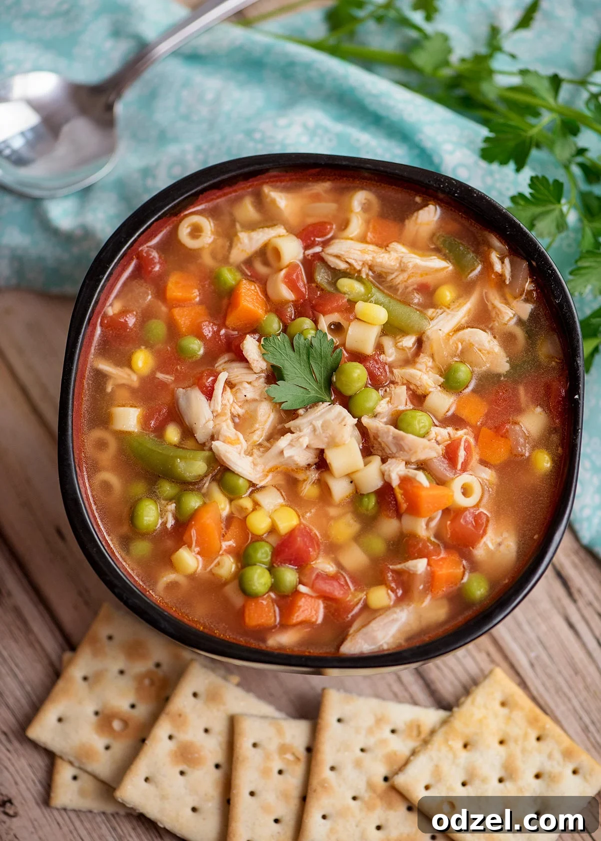 Cozy Instant Pot Chicken Vegetable Soup 2 A steaming bowl of homemade Instant Pot Chicken Vegetable Soup, garnished with fresh parsley and served alongside crispy saltine crackers, ready for a comforting meal.