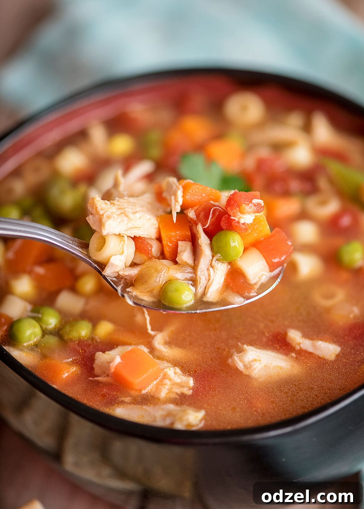 Cozy Instant Pot Chicken Vegetable Soup 3 A close-up view of a spoonful of Instant Pot Chicken Vegetable Soup, highlighting the rich broth, tender chicken, and colorful vegetables, with a soft blue kitchen towel in the background.