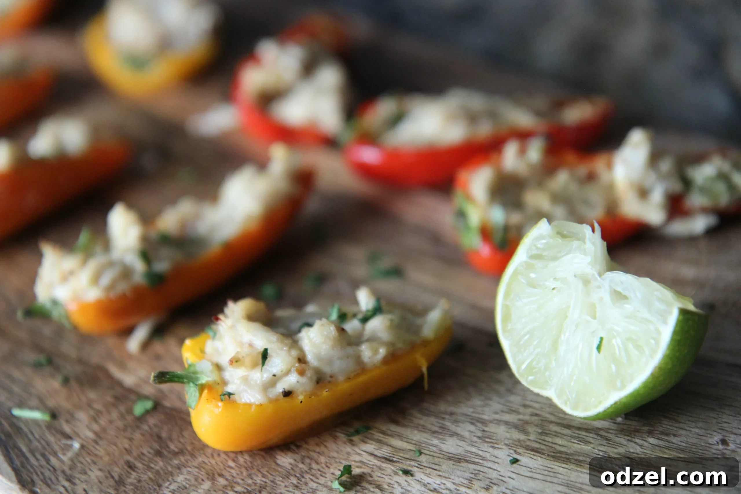 Baked Crab Stuffed Bell Peppers 6 Close up shot of the peppers so you can see the delectable crab chunks peeking out.