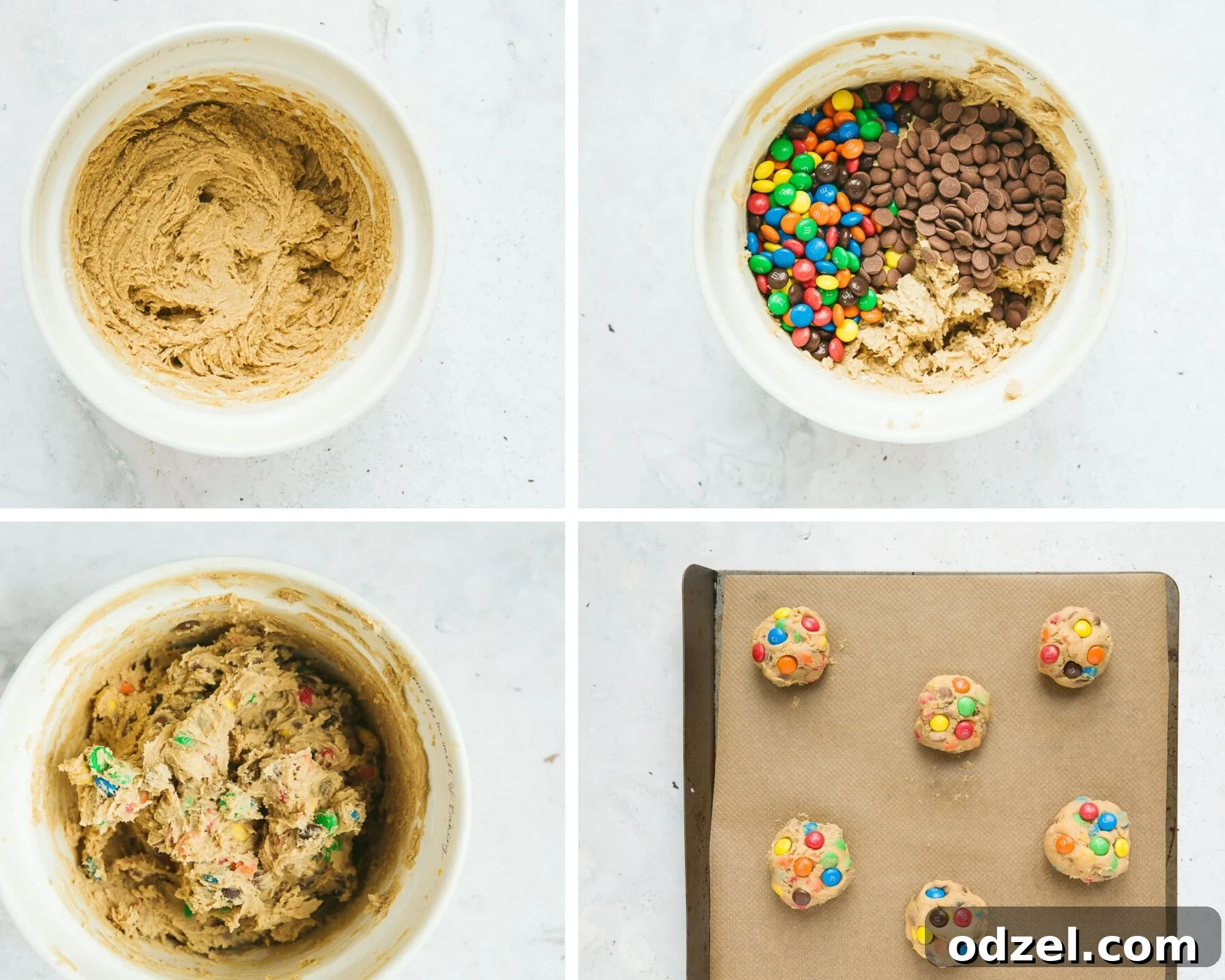 Irresistible M&M Cookies 3 A four-photo collage showing the M&M cookie making process: ingredients in bowls, mixed dough with candies, and six perfectly scooped dough balls on a baking sheet, ready for the oven.