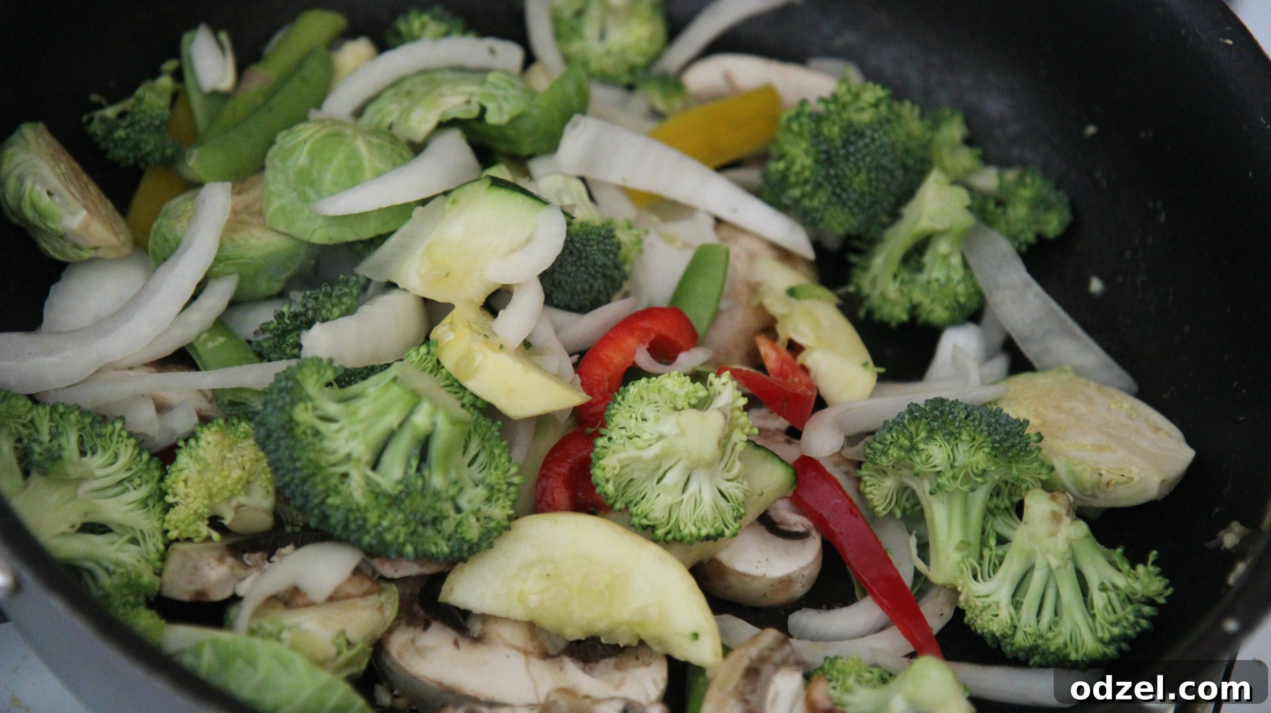 A colorful medley of raw, fresh vegetables including broccoli florets, sliced bell peppers, and vibrant green brussels sprouts waiting in a black skillet, poised for the stir-frying process.