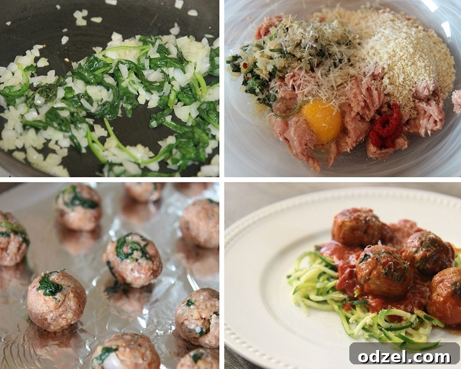 A four-panel collage illustrating the preparation of spinach and turkey meatballs: 1. Spinach and onions sautéing in a pan. 2. All ingredients mixed in a large bowl. 3. Rolled meatballs on a baking sheet. 4. Cooked meatballs served with zucchini noodles and marinara sauce.