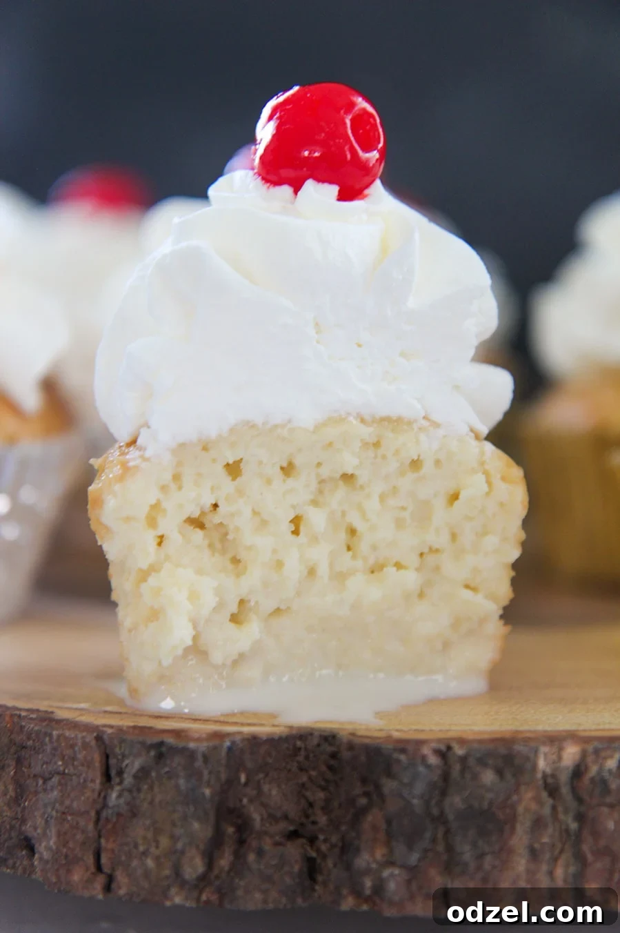 A close-up of a tres leches cupcake, showing its moist, milk-soaked interior, topped with fluffy whipped cream and a bright red maraschino cherry. It rests on a rustic wooden surface.