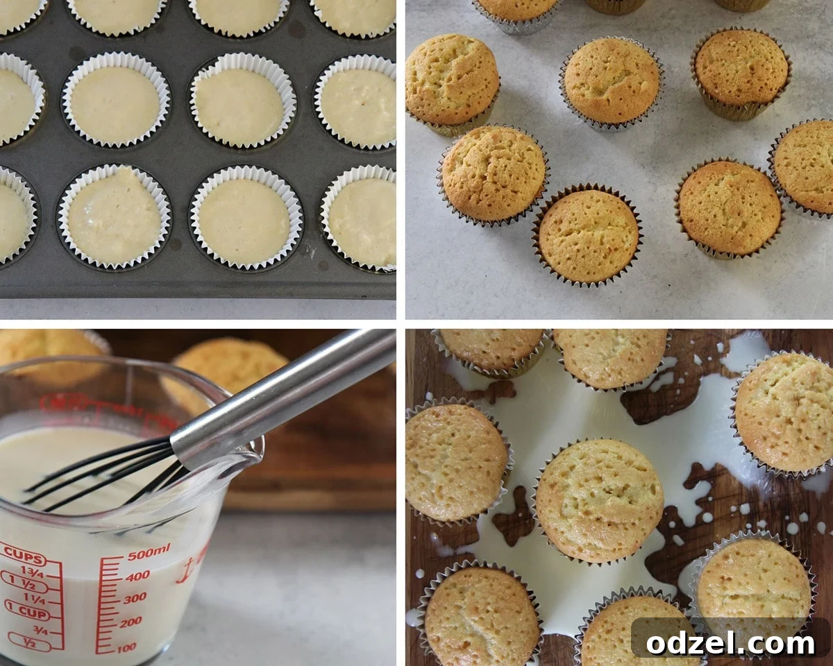 A four-panel collage showcasing the preparation steps for tres leches cupcakes: raw batter in a liner, freshly baked cupcakes, a measuring cup with the milk mixture, and baked cupcakes being soaked.