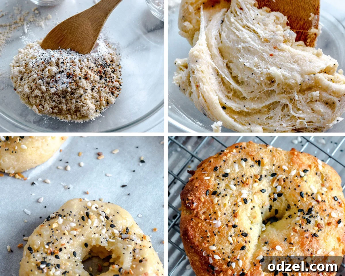 A four-part collage illustrating the keto bagel making process: a bowl of dry ingredients, prepared raw bagel dough, and two distinct photos of golden-baked keto bagels.