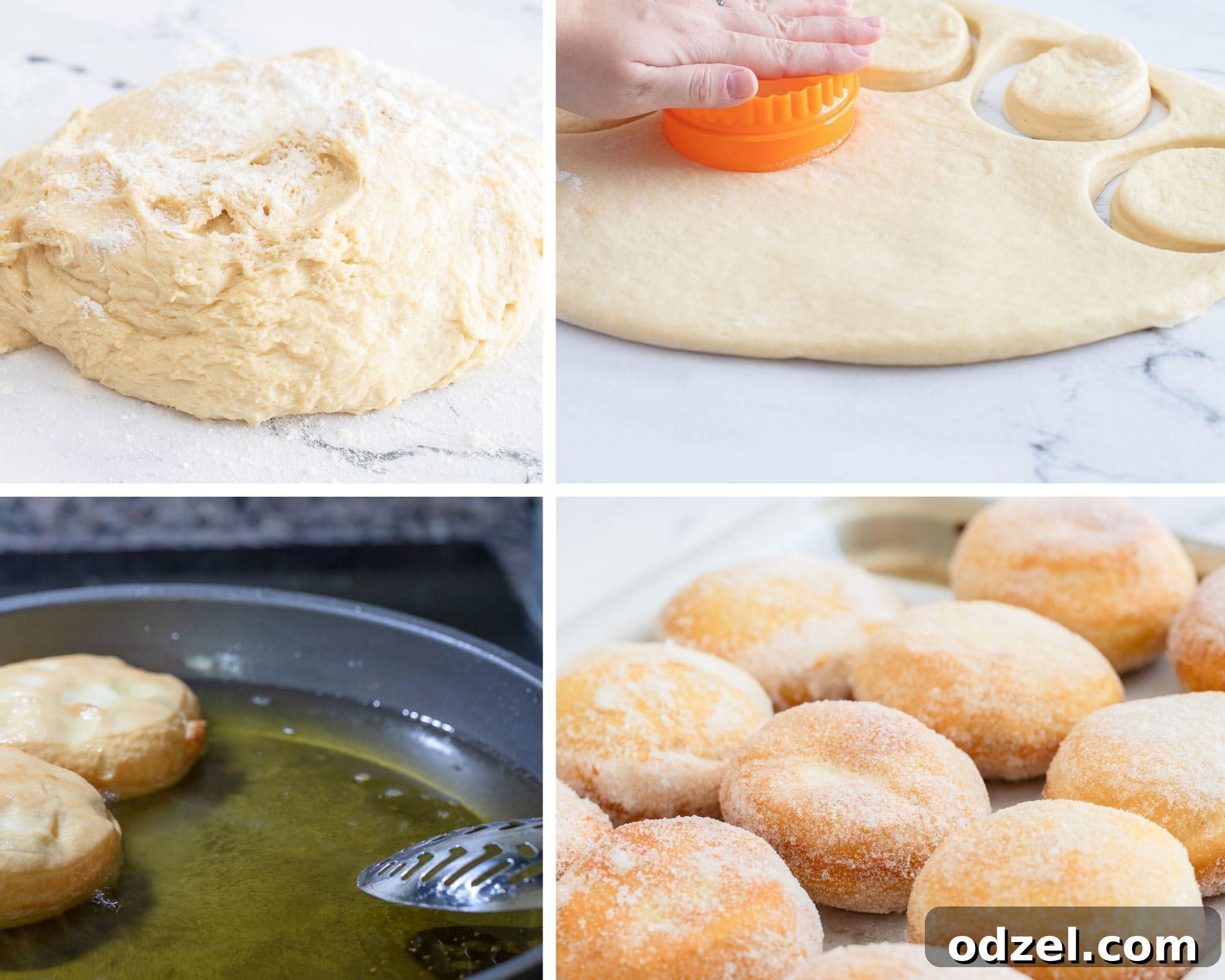 Chocolate-Hazelnut Dream Doughnuts 3 a collage with four photos. A photo with a ball of dough and flour in the background, a photo of rolled out dough with a hand with an orange object cutting out donuts, two donuts frying in a skillet with oil, and a fourth picture showing a pan filled with donuts.