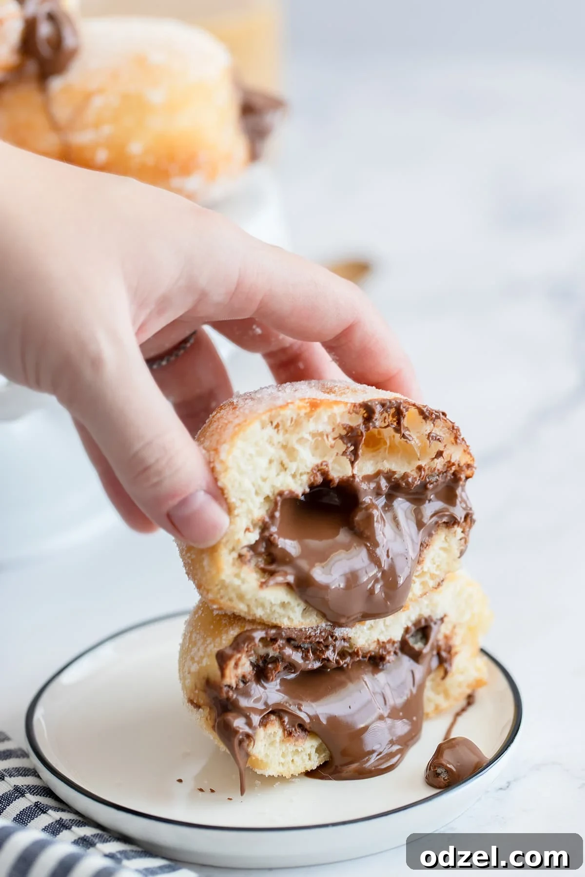 Chocolate-Hazelnut Dream Doughnuts 4 two nutella doughnuts on a small plate with nutella coming out of the donuts and a hand holding the donuts.