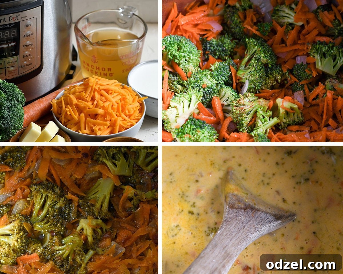 Instant Pot Creamy Broccoli Cheddar Bliss 3 A four-photo collage showing the step-by-step process of making Instant Pot Broccoli Cheddar Soup. The first image displays an open Instant Pot with raw broccoli and carrots inside, surrounded by various ingredients like cheese and spices. The second shows the Instant Pot lid closed and the cooking process in action. The third image captures the soup bubbling inside the Instant Pot, and the final one presents the finished creamy broccoli cheddar soup in a bowl.
