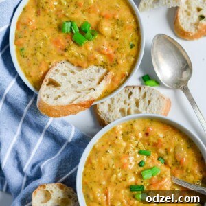 Two white bowls with broccoli cheddar soup, slices of bread inside one bowl and on the side. A spoon on the side and a blue and white towel.