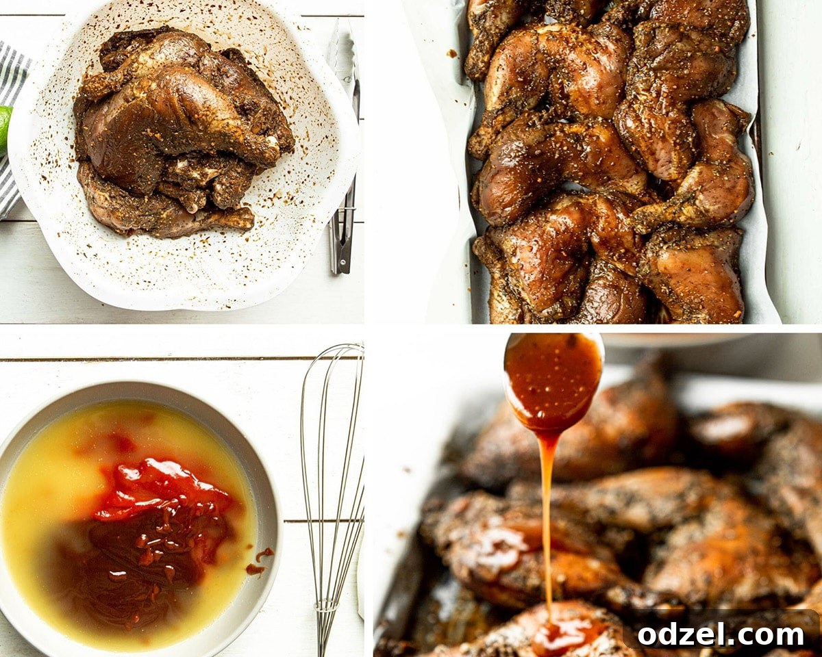 A collage of four images showing the process of making Jamaican jerk chicken: seasoned chicken in a white bowl, seasoned chicken on a baking sheet, pineapple sauce ingredients with a whisk, and finished sauce drizzling over cooked chicken.