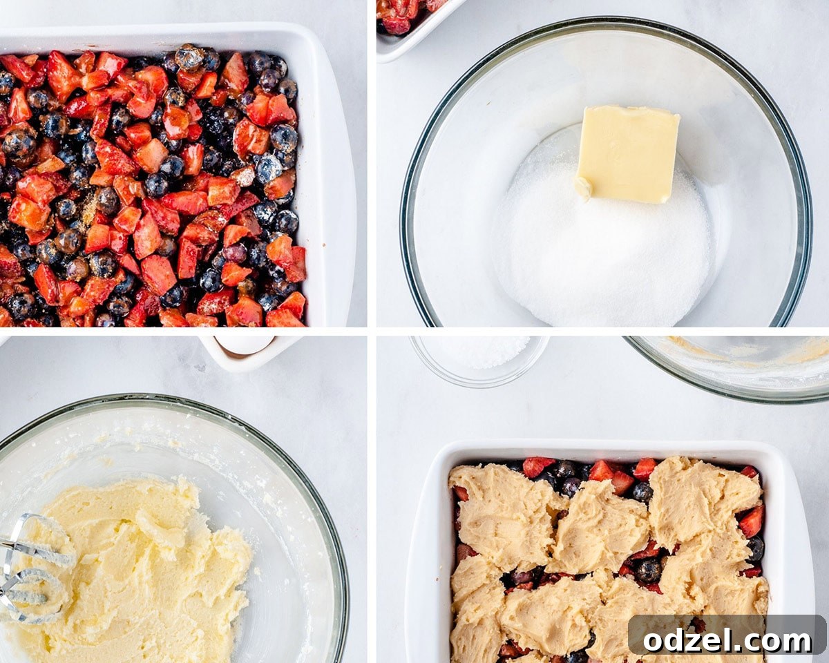 A four-photo collage illustrating the steps of making berry cobbler: one shows mixed berries in a baking dish, another displays butter and sugar in a bowl, a third features creamed butter and sugar, and the last shows the baking dish with berries topped with dollops of batter.