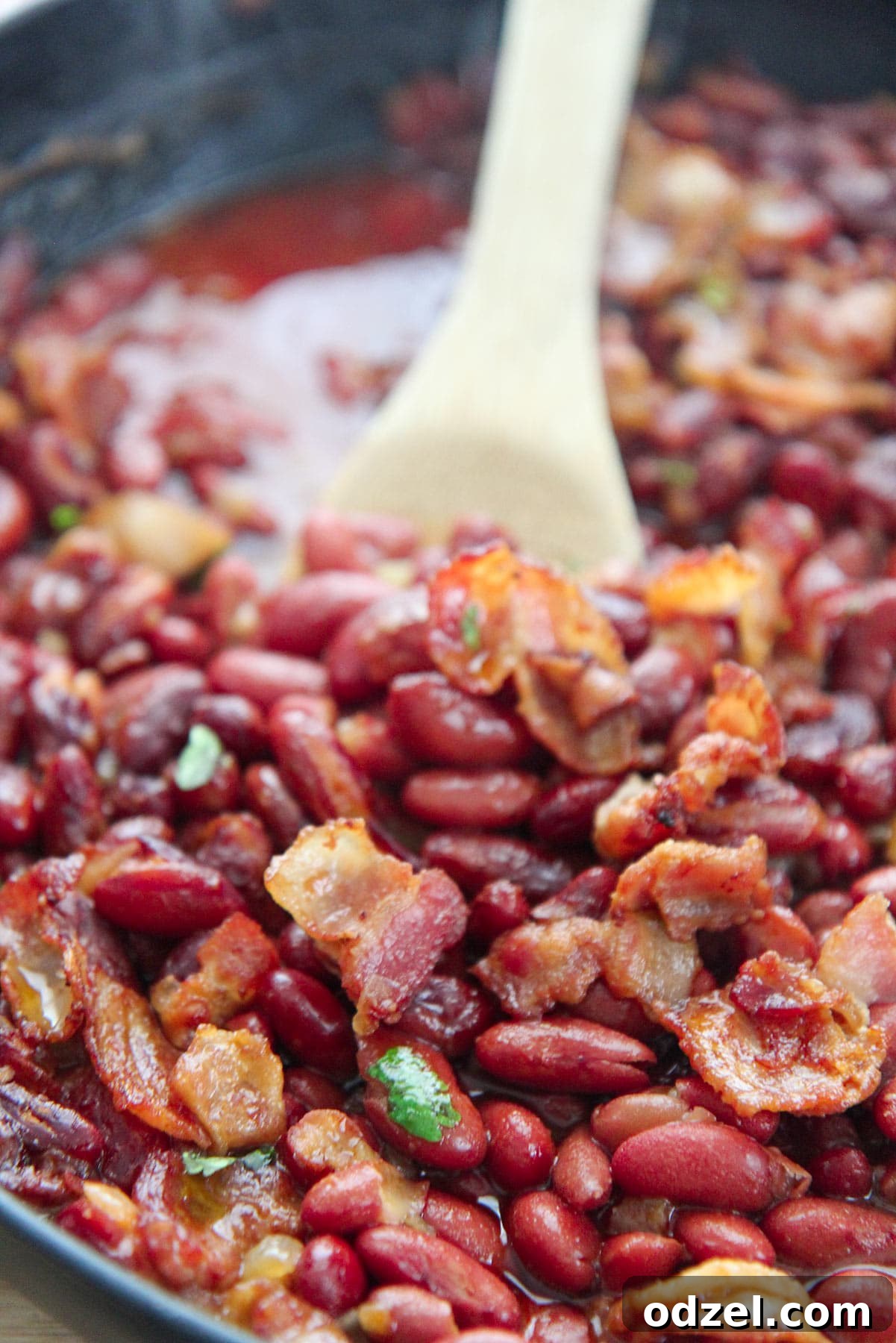 Chipotle Cowboy Beans 3 baked beans in a cast iron skillet with a wooden spoon.