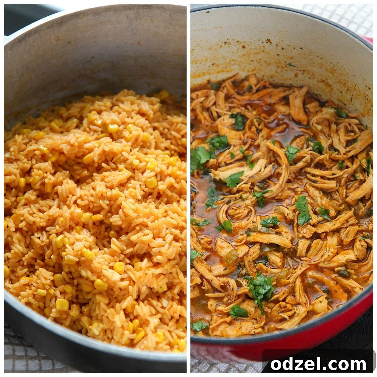 Royal Cuban Rice Bake 3 a collage with two photos showing a pot of yellow rice and a pot of shredded chicken.