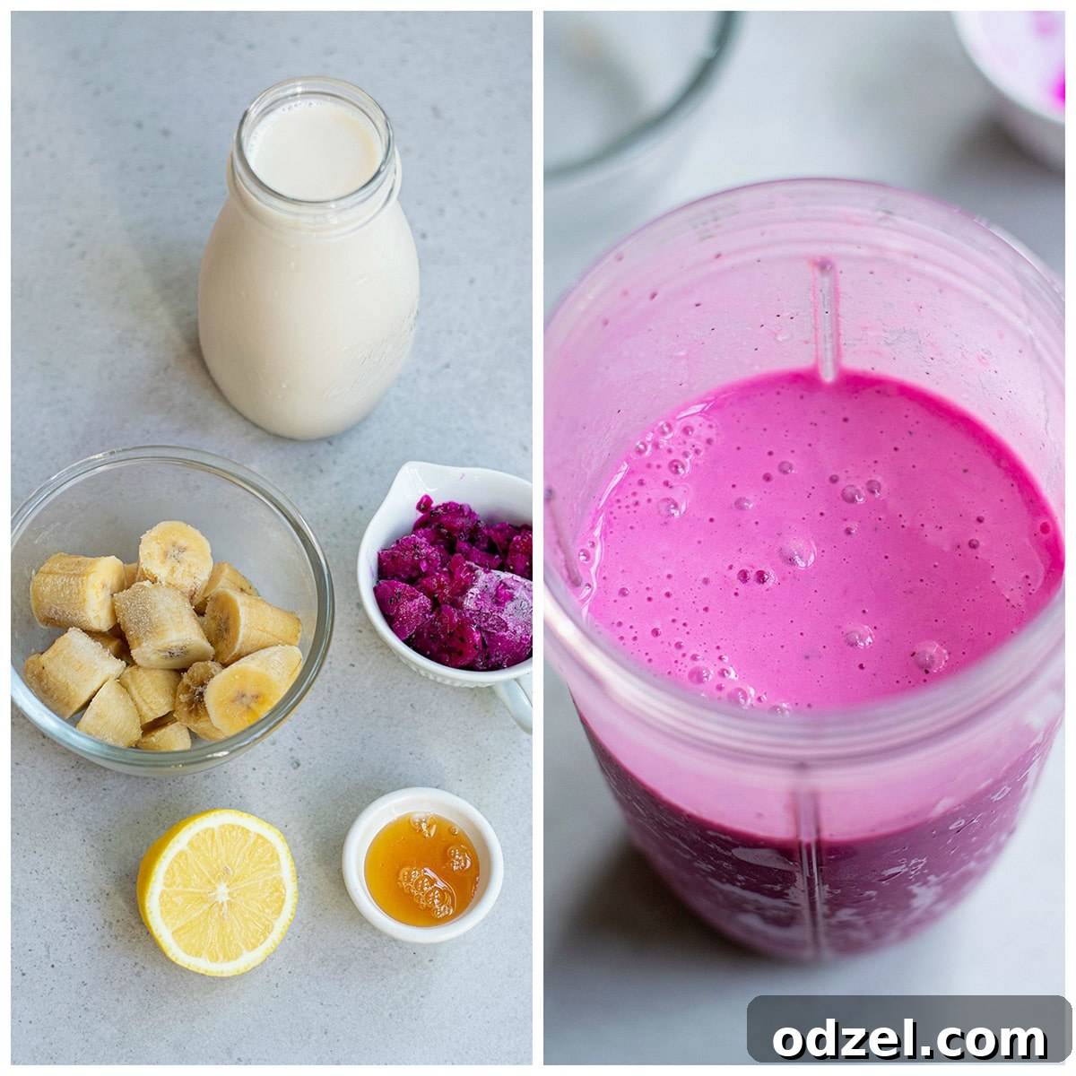 Blush Pitaya Zest Blend 3 A collage of two photos. The first photo displays the raw ingredients: bananas, milk, honey, lemons, and whole pink dragon fruit neatly arranged. The second photo shows all these ingredients blended together inside a high-speed blender, creating a smooth, pink mixture.