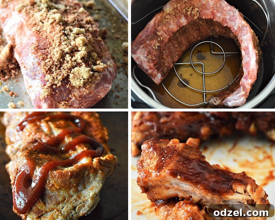 A photo collage with four photos showing the recipe process. Ribs marinated and placed in the instant pot. 