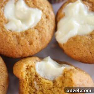 Cheesecake Swirl Pumpkin Muffins 5 Three pumpkin cheesecake muffins up close.