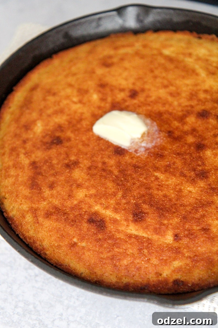 A perfectly baked round of cornbread in a 10-inch black iron skillet, showing its golden-brown crust and inviting texture.