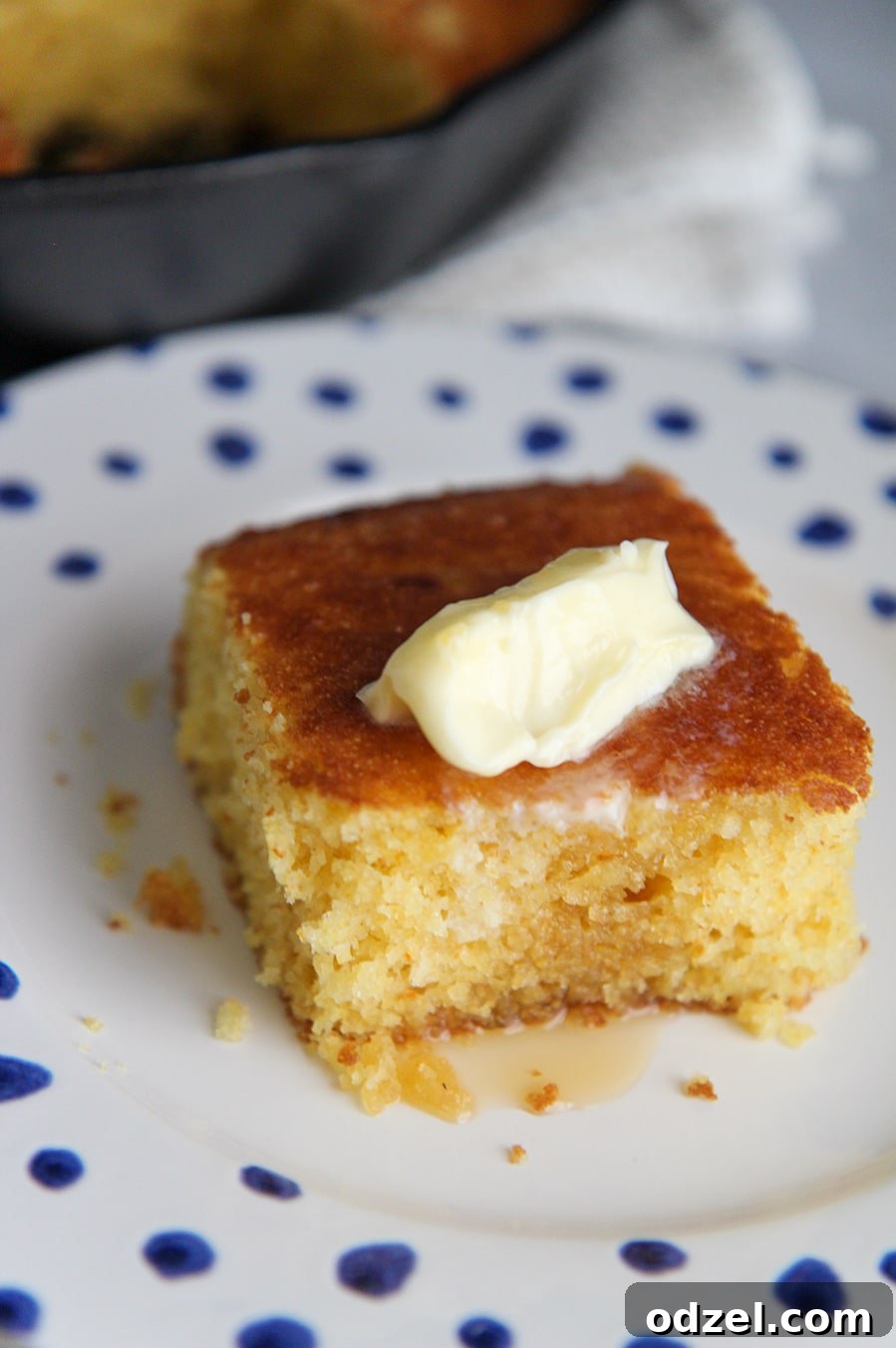 A neat slice of golden-brown cornbread on a white plate with blue polka dots, showcasing its moist texture.