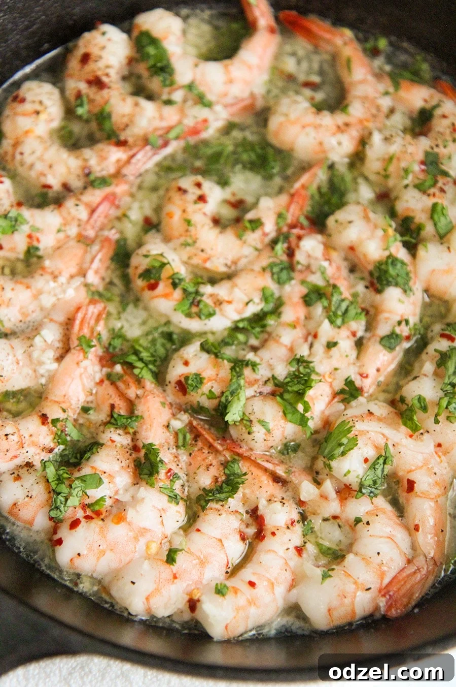 Golden Garlic Shrimp Bake 2 Baked shrimp with parsley in a cast iron skillet, close-up view.