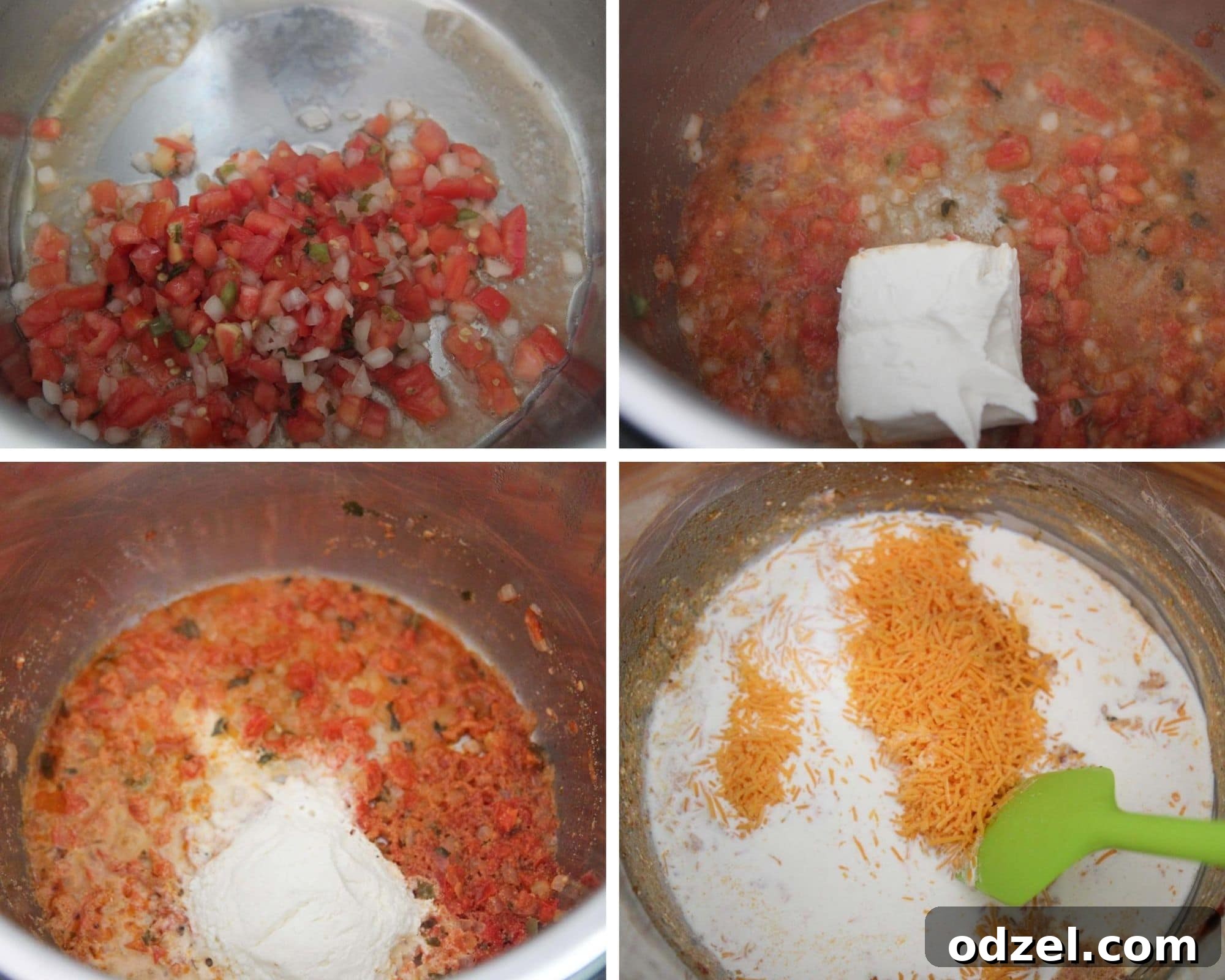 Creamy Instant Pot Queso Dip 3 A collage of four close-up photos showing fresh ingredients like diced tomatoes, chopped onions, shredded cheese, and rich heavy cream being added to an Instant Pot, illustrating the preparation steps.