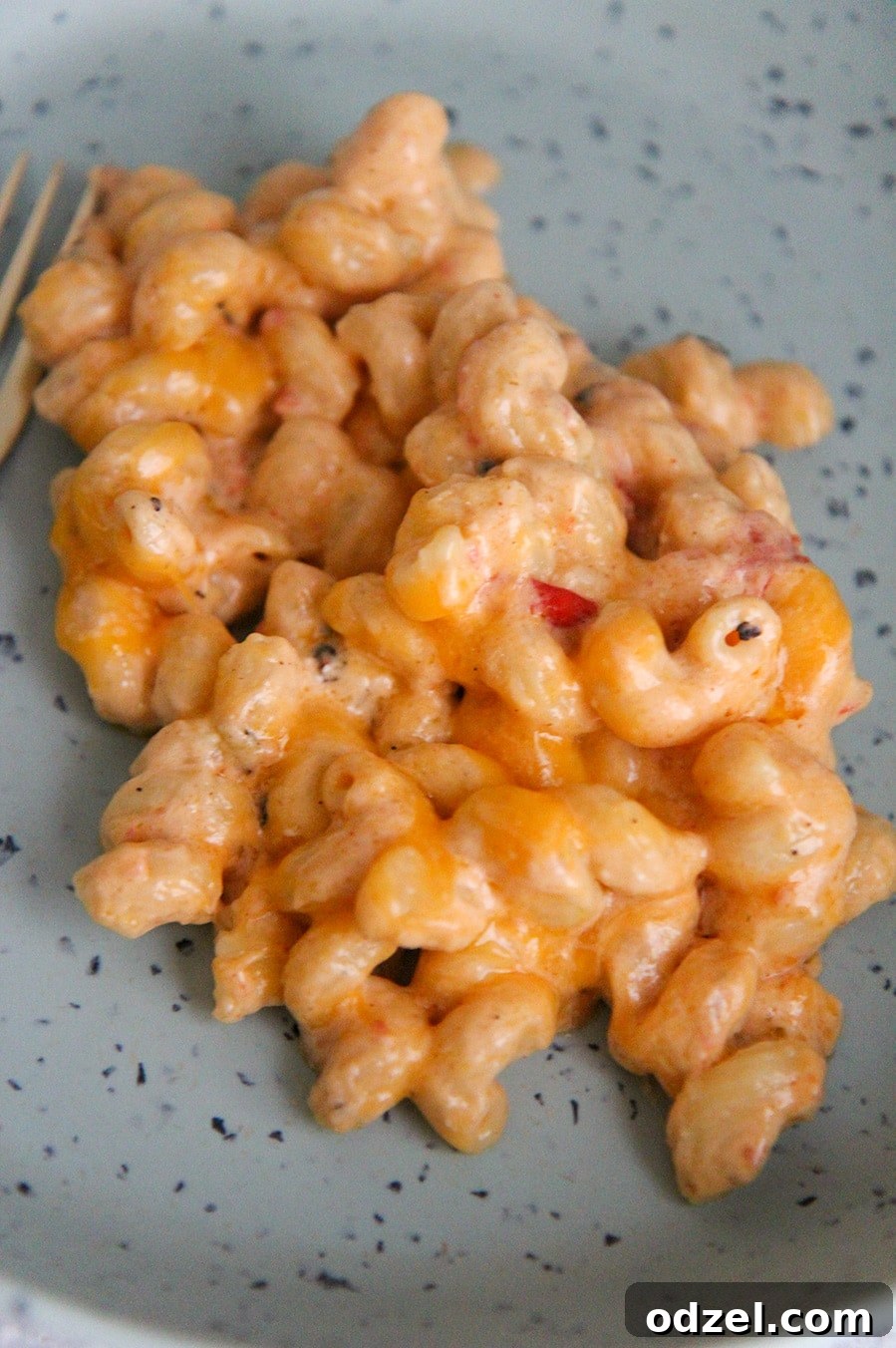 A close-up shot of creamy, cheesy pasta on a rustic blue plate, garnished with fresh herbs, showcasing the rich texture.