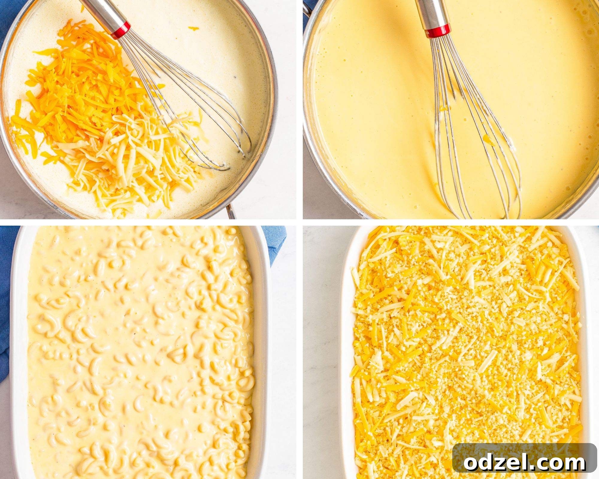 A photo collage showing four stages of the mac and cheese cooking process, from preparing the roux to baking in a dish.