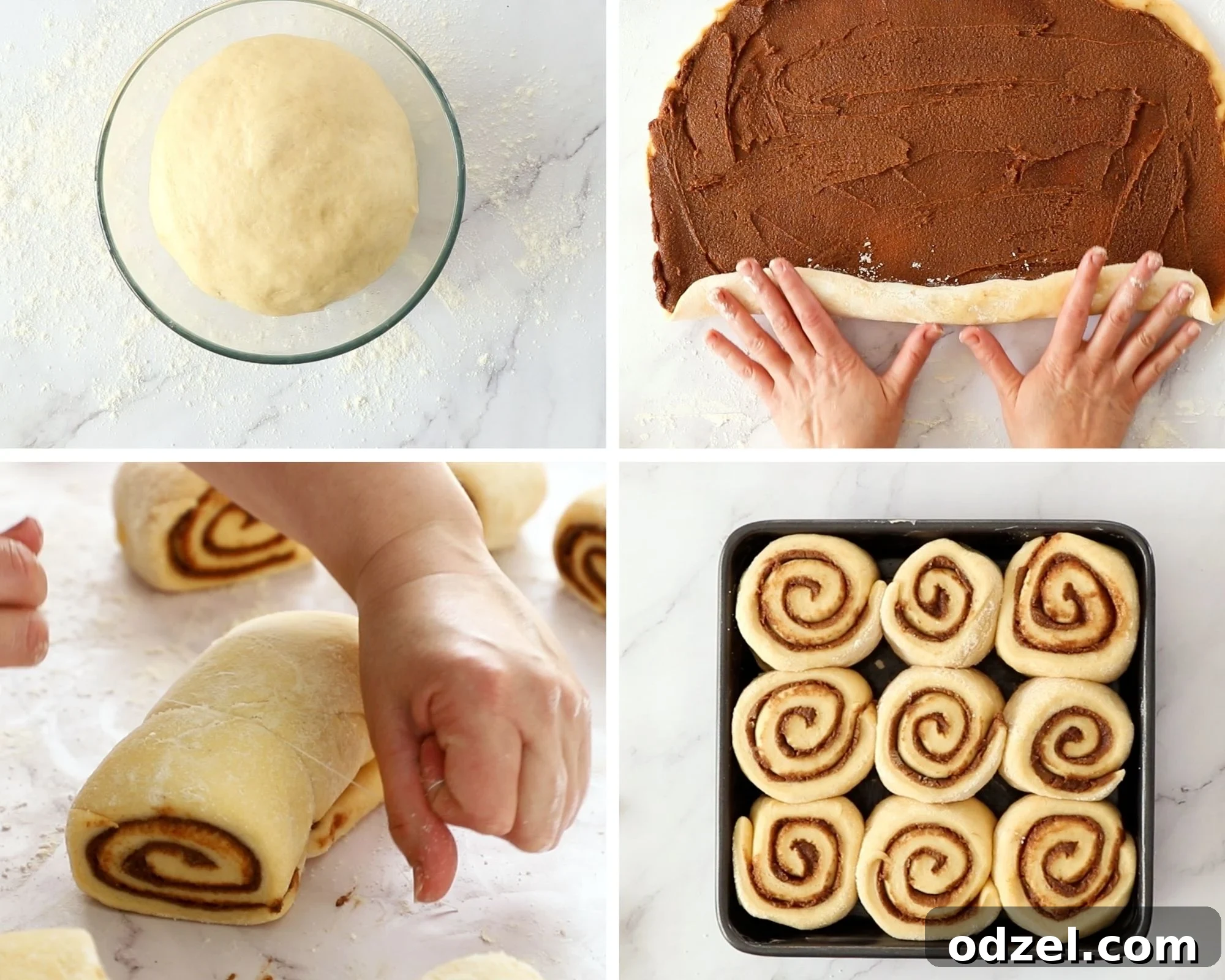 A collage with four process shots: dough in a glass bowl, dough rolled out with cinnamon sugar, dough being cut with floss, and 9 rolls in a pan ready for baking.