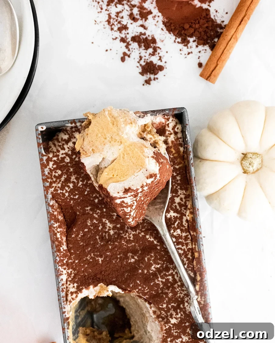 Creamy pumpkin tiramisu served in a loaf pan, garnished with cocoa powder, alongside a silver spoon and a decorative white pumpkin.
