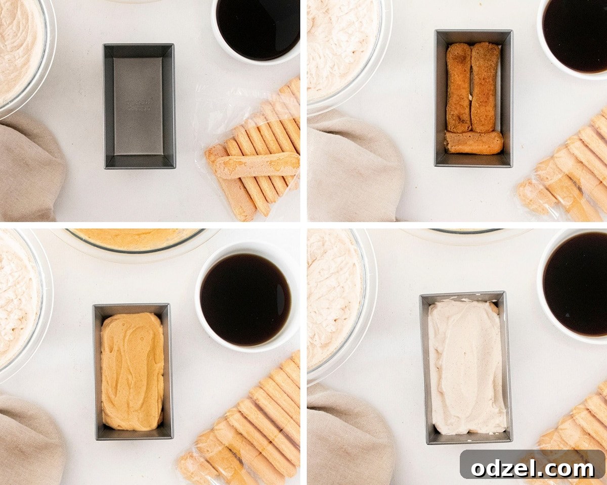 A four-panel collage showing the process of making pumpkin tiramisu: ingredients laid out, ladyfingers being dipped in coffee, layering the dessert, and a completed layered tiramisu before chilling.