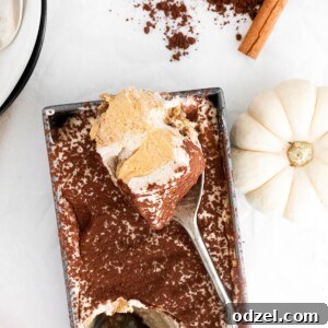 Pumpkin tiramisu in a loaf pan with a spoon and a white pumpkin on the side.