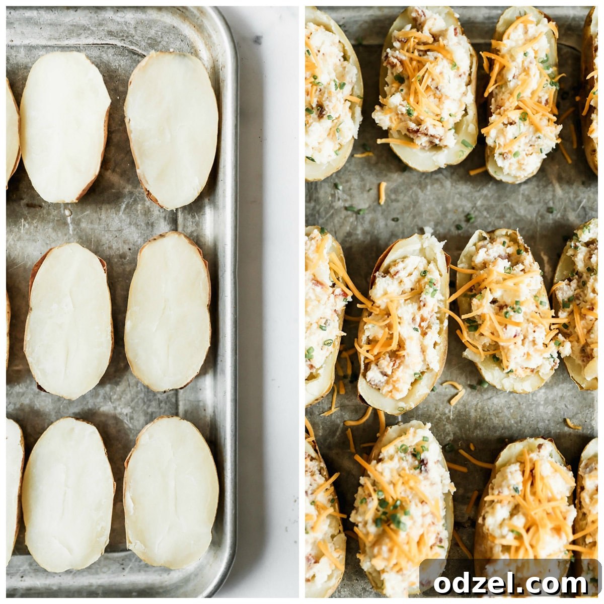 Ultimate Stuffed Potatoes 3 A two-part collage showing the transformation of twice baked potatoes: one image displays plain baked potato halves ready for filling, and the other shows them fully loaded with cheese and herbs, baked to a golden finish.