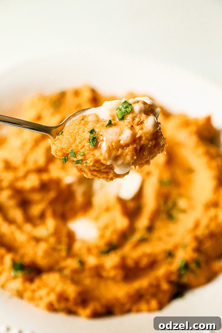 A close-up view of a spoonful of creamy mashed sweet potato, showing its smooth texture.