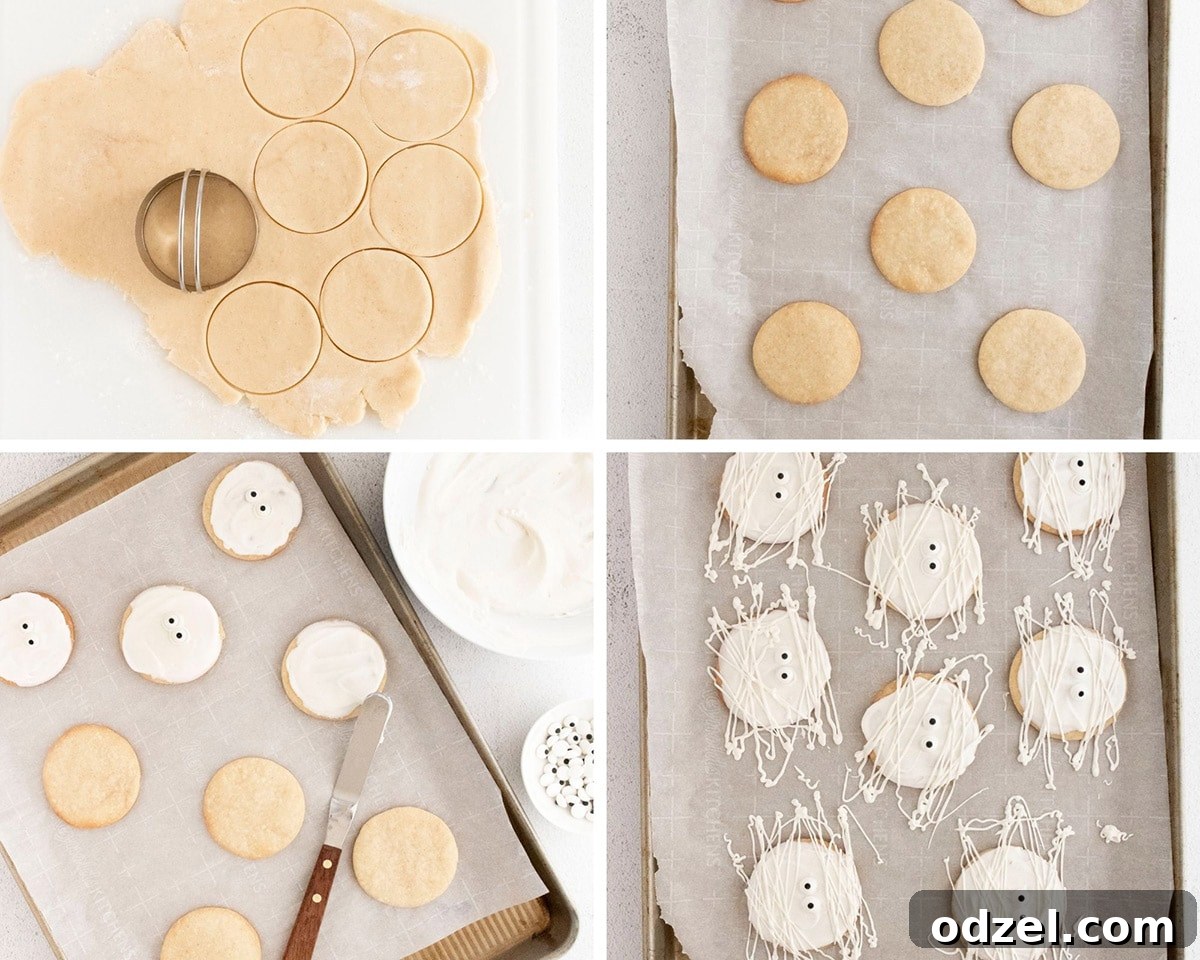 A four-panel collage illustrating the cookie-making process from dough preparation and rolling to baking and the final step of decorating with candy melts and eyes, showcasing the transformation into Mummy Cookies.