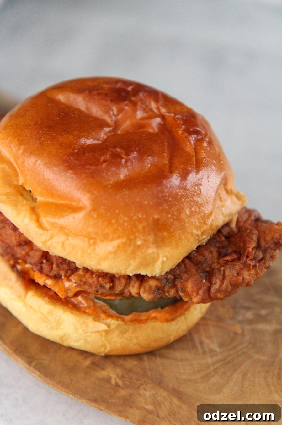 A close-up view of a homemade fried chicken sandwich, showing the crispy breading and fresh ingredients.