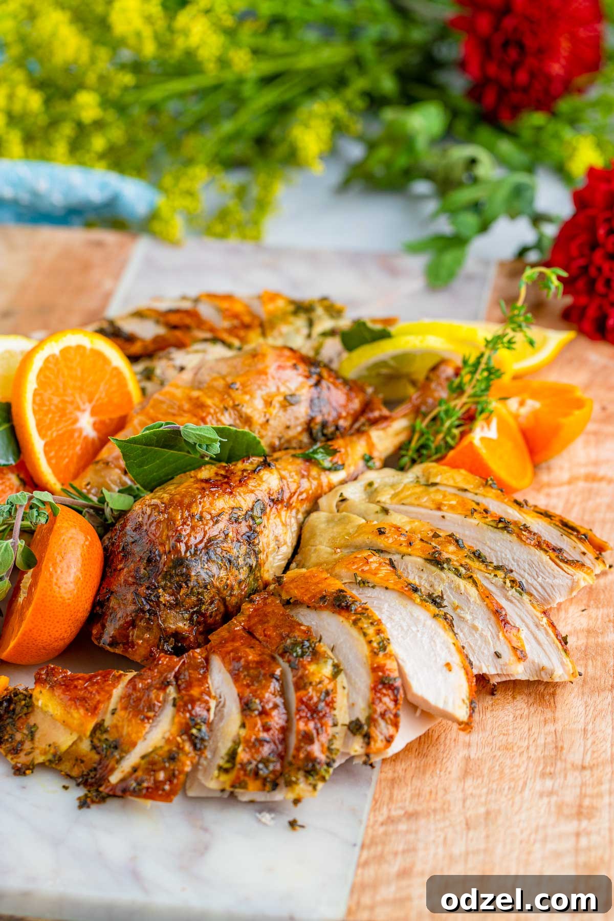 cooked turkey sliced and decorated with oranges and fresh herbs. 
