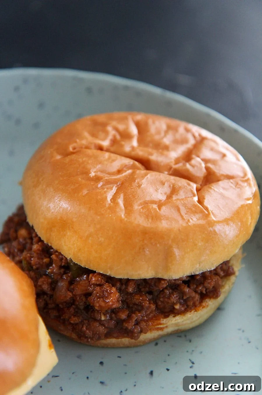 A close-up of a delicious, messy sloppy joe sandwich on a blue plate, highlighting the rich ground beef filling and toasted bun.