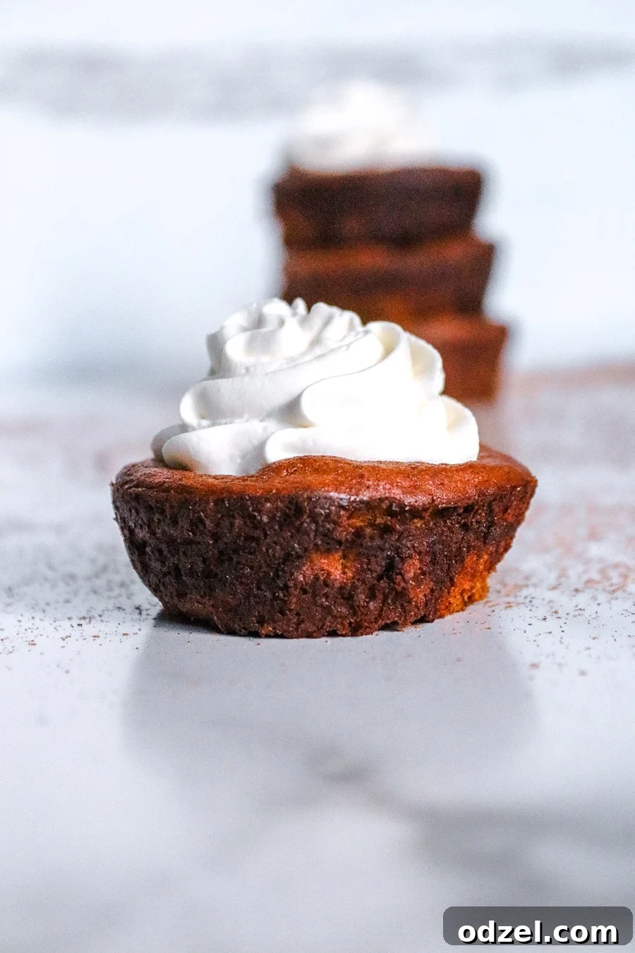Delectable Keto Mini Pumpkin Tarts 2 A close-up view of a perfectly baked keto mini pumpkin pie, garnished with a generous swirl of fresh keto whipped cream, invitingly creamy and ready to be enjoyed.