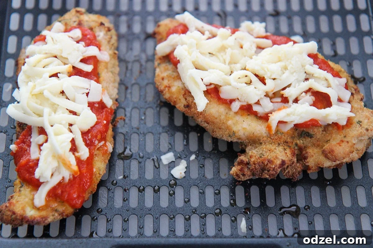 Two golden-brown chicken cutlets topped with rich marinara sauce and melted mozzarella cheese, ready to serve.