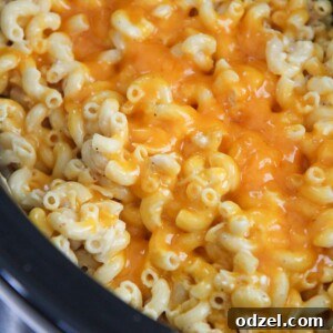 mac and cheese in the crockpot with yellow melted cheese on top