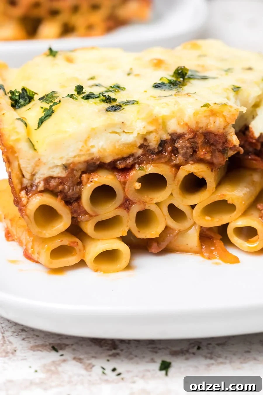 A close-up view of a slice of Pastitsio, revealing its beautiful layers of pasta, meat sauce, and creamy béchamel.