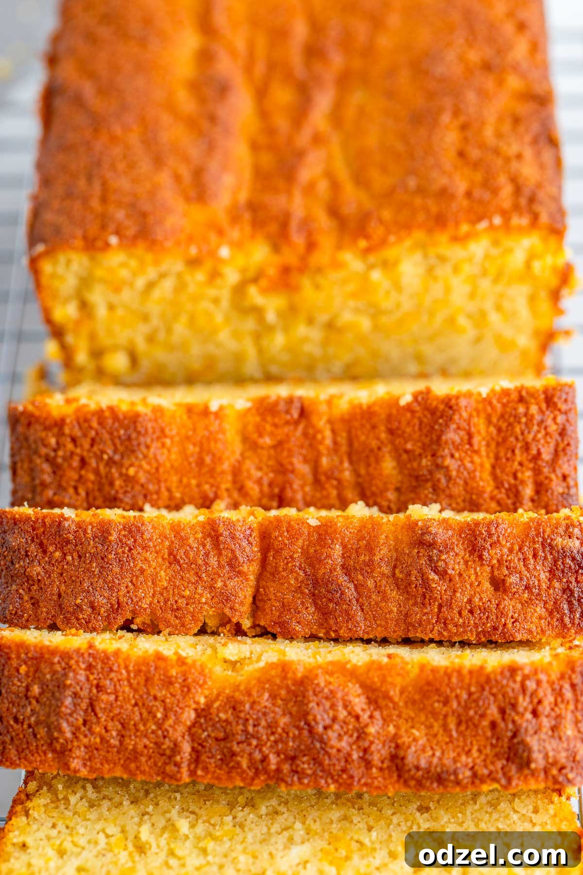 A close-up shot of a perfectly sliced loaf of gluten-free sweet potato bread, showing its moist texture and inviting crumb.
