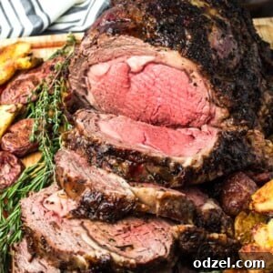 Juicy Prime Rib Masterpiece 7 sliced prime rib medium rare on a wooden board with fresh rosemary and thyme.