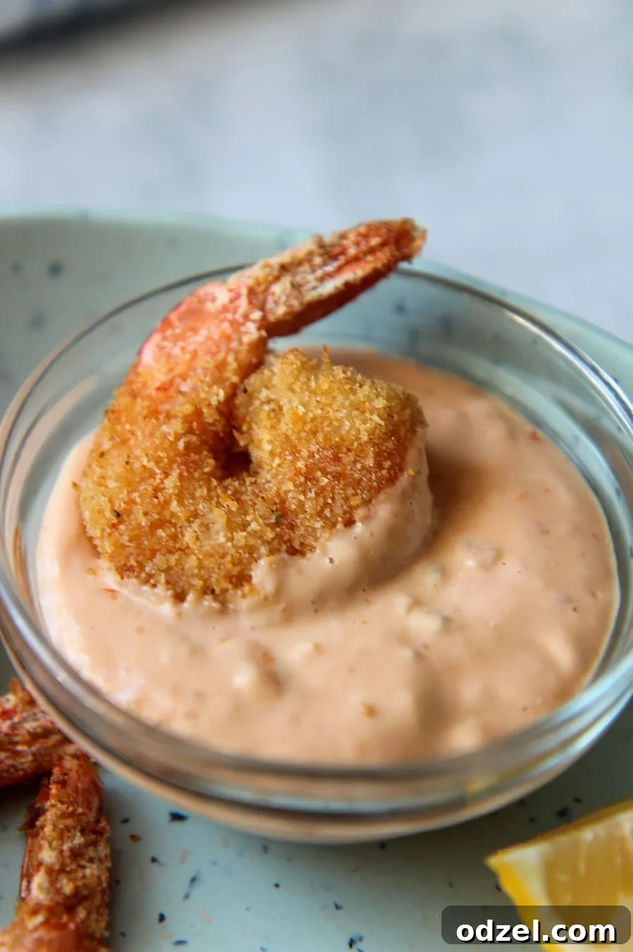 Crispy Air Fryer Breaded Shrimp 3 shrimp dipped in sauce.