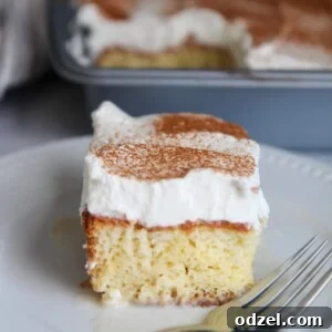 A slice of coquito cake up close with a fork on the side.