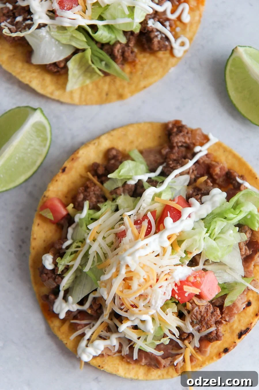 Close-up view of a delicious beef tostada with two lime wedges on the side, showcasing the vibrant ingredients.