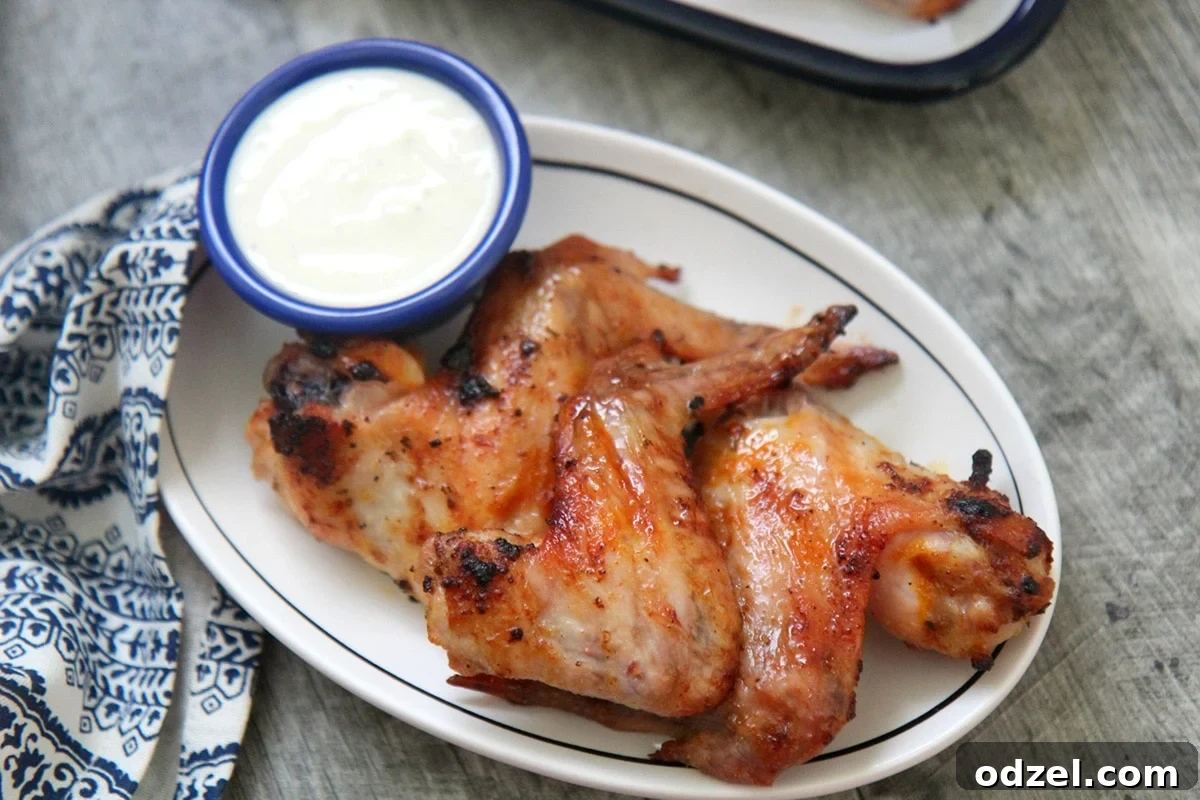 Three perfectly roasted chicken wings on a small white plate, served with a side of creamy dipping sauce, hinting at a delicious culinary experience.
