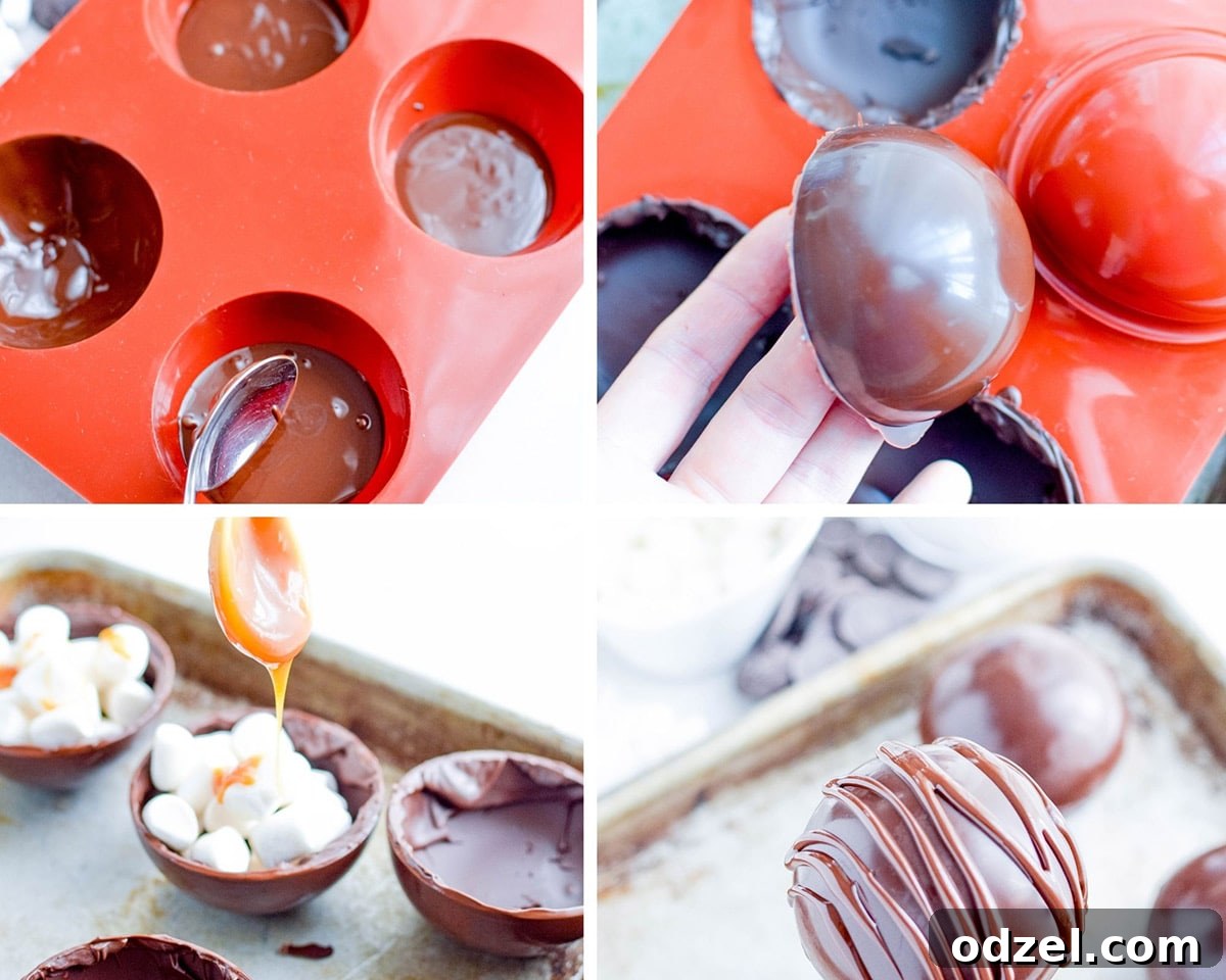 A four-panel collage showcasing the process of making hot chocolate bombs: a red silicone mold coated with melted chocolate, delicate chocolate shells filled with marshmallows and salted caramel, an overhead view of a completed bomb, and a close-up of another finished bomb with a salted caramel drizzle.