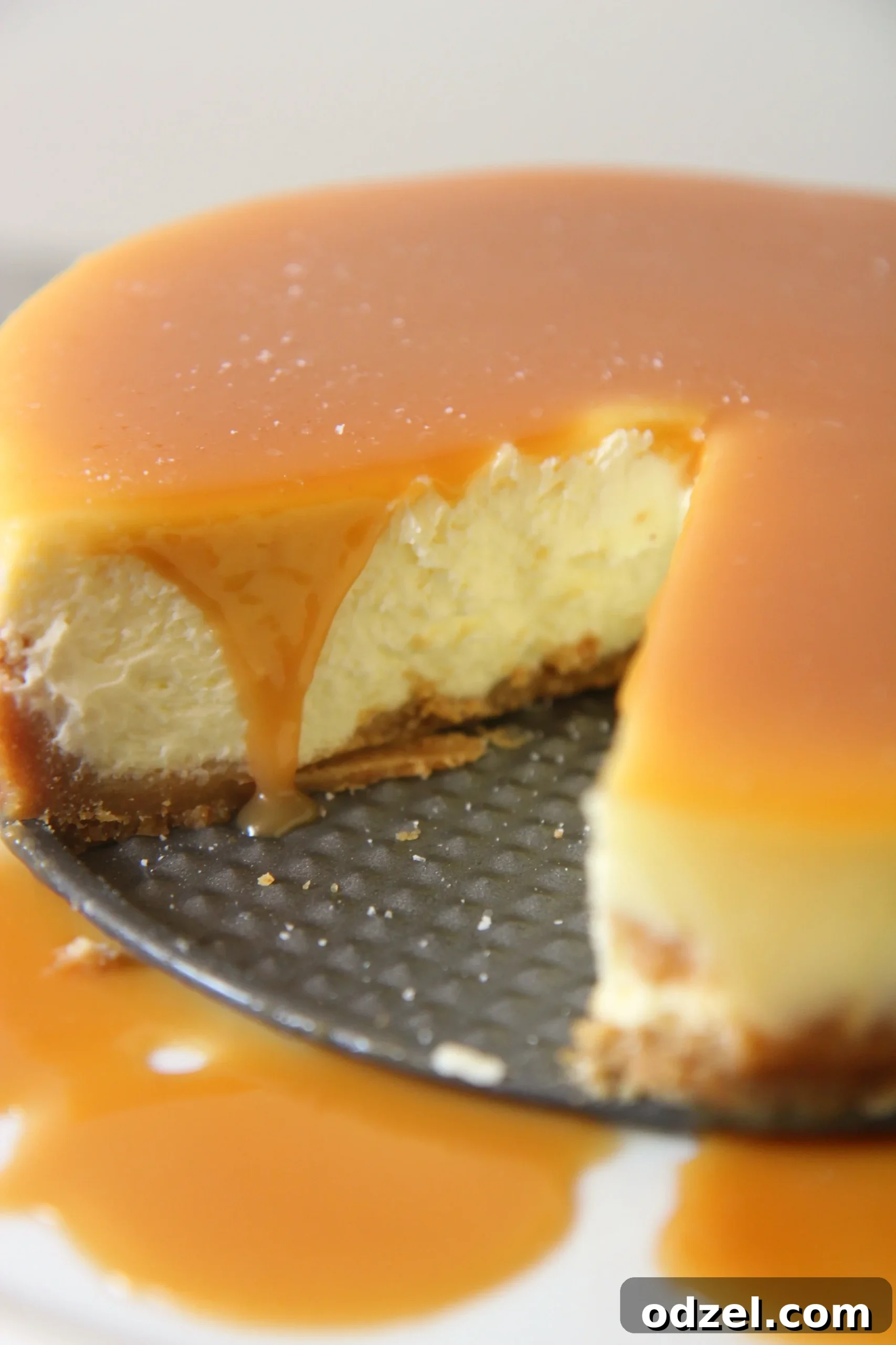 Decadent Sea Salt Caramel Cheesecake 2 Rich and creamy salted caramel cheesecake on a springform pan, ready to be served.